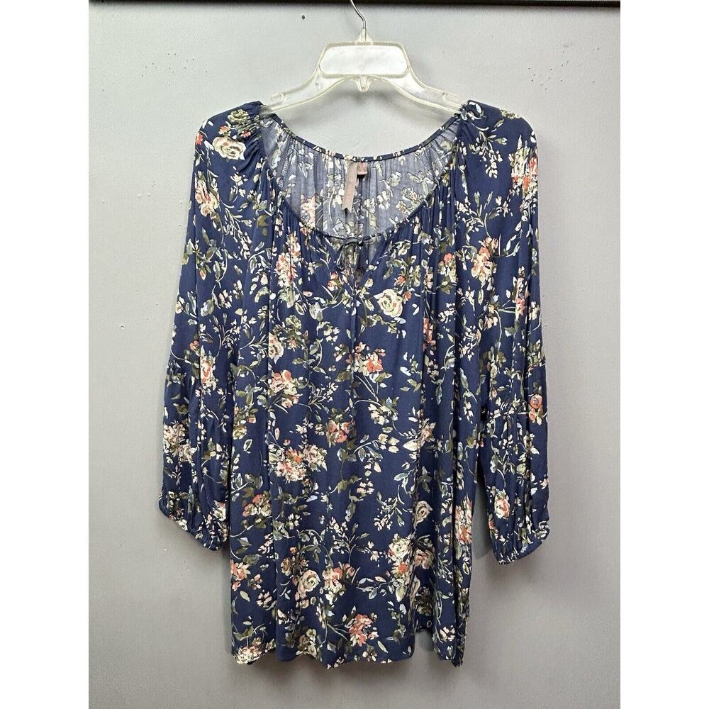 Brian & Em Top Womens 2X Blue Floral‎ Cottagecore Scoop Neck Boho Tie front